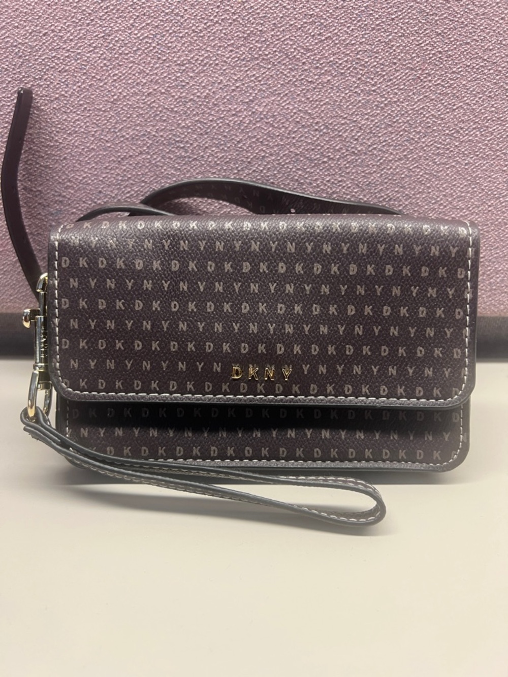 DKNY Brown Monogram Wristlet Crossbody Clutch